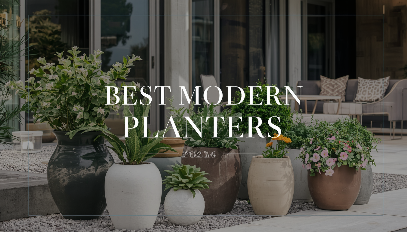 Modern outdoor planters in different styles with flowers and greenery arranged on a patio, showcasing stylish and functional flower pot designs